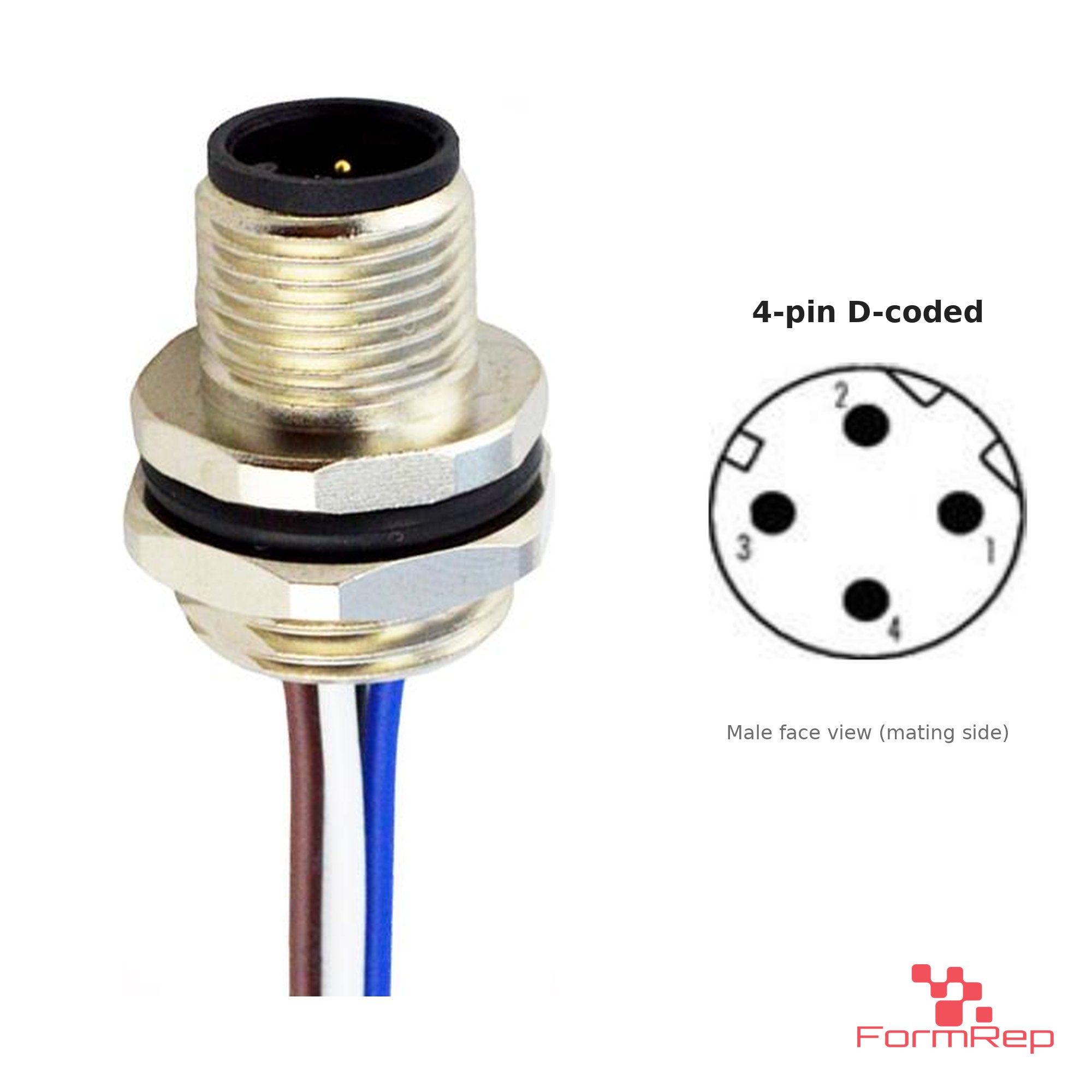 M12 D-Coded Panel-Mount Receptacle, Pre-Wired Leads, male straight, rear mount M12 D-Coded Panel-Mount Receptacle, Pre-Wired Leads, male straight, rear mount
