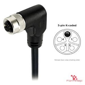 M12 K-Coded Female Right-Angle Molded Cable, Single-Ended, with pin layout
