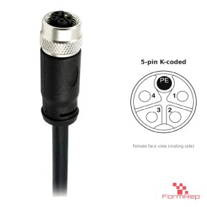 M12 K-Coded Female Straight Molded Cable, Single-Ended, with pin layout
