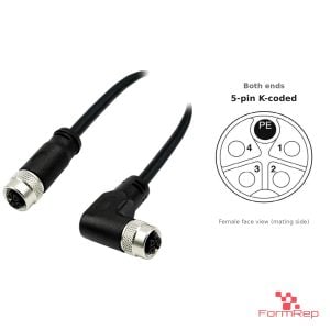 M12 K-Coded Female Straight to Female Right-Angle Cable, with pin layout