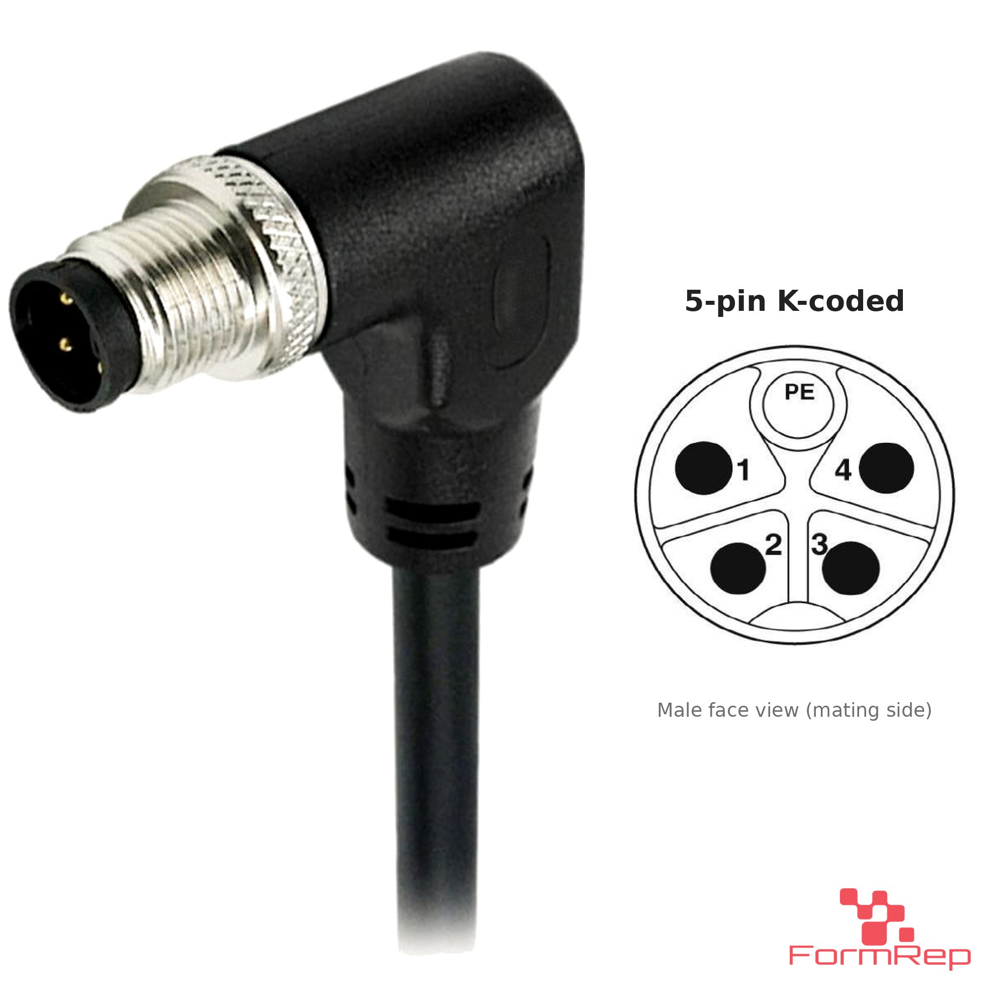 M12 K-Coded Male Right-Angle Molded Cable, Single-Ended, with pin layout M12 K-Coded Male Right-Angle Molded Cable, Single-Ended, with pin layout