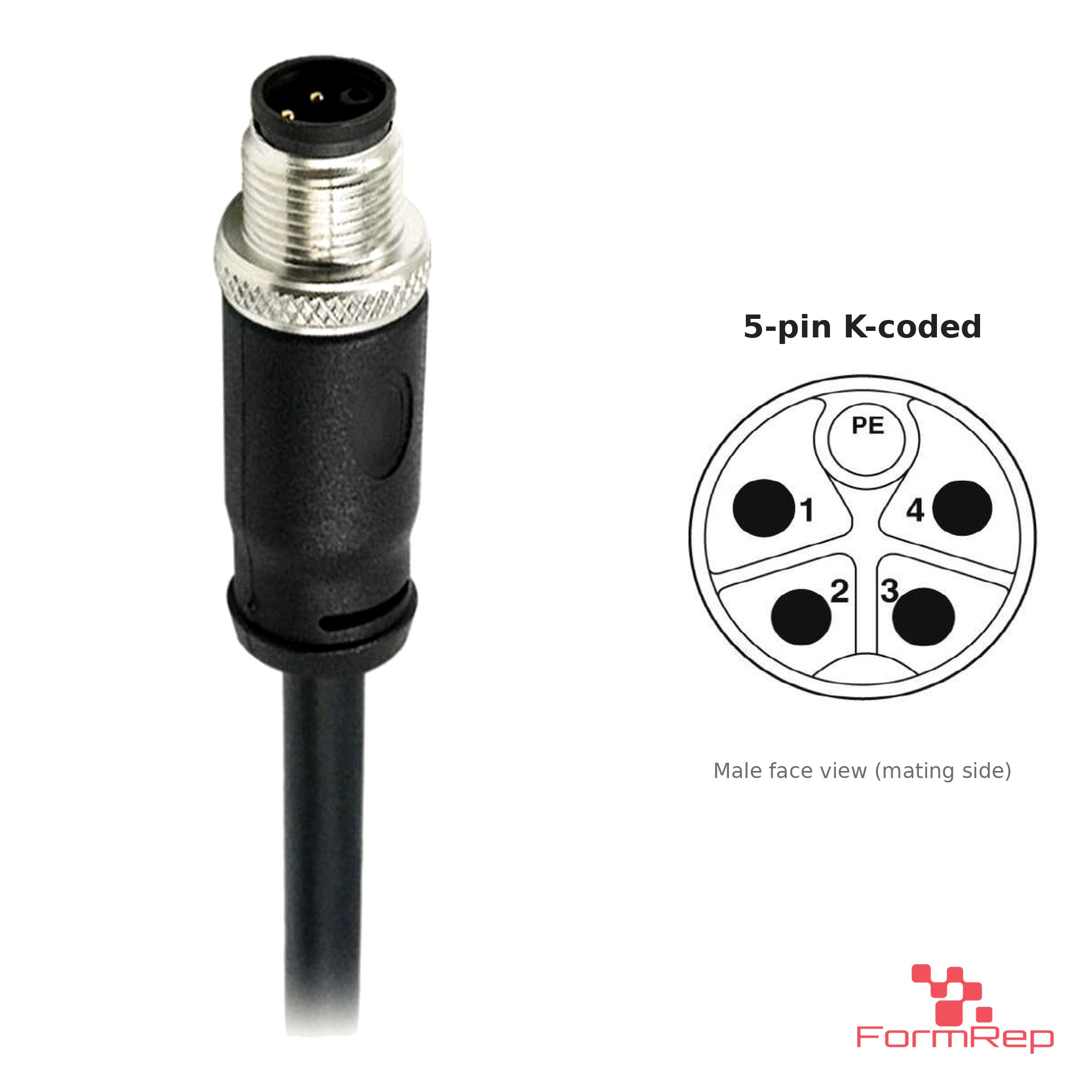 M12 K-Coded Male Straight Molded Cable, Single-Ended, with pin layout M12 K-Coded Male Straight Molded Cable, Single-Ended, with pin layout