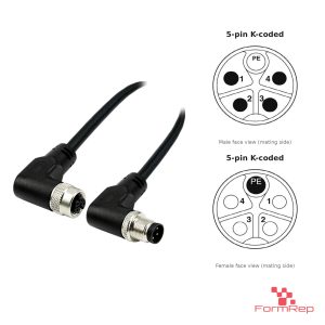 M12 K-Coded Male Right-Angle to Female Right-Angle Cable, with pin layout