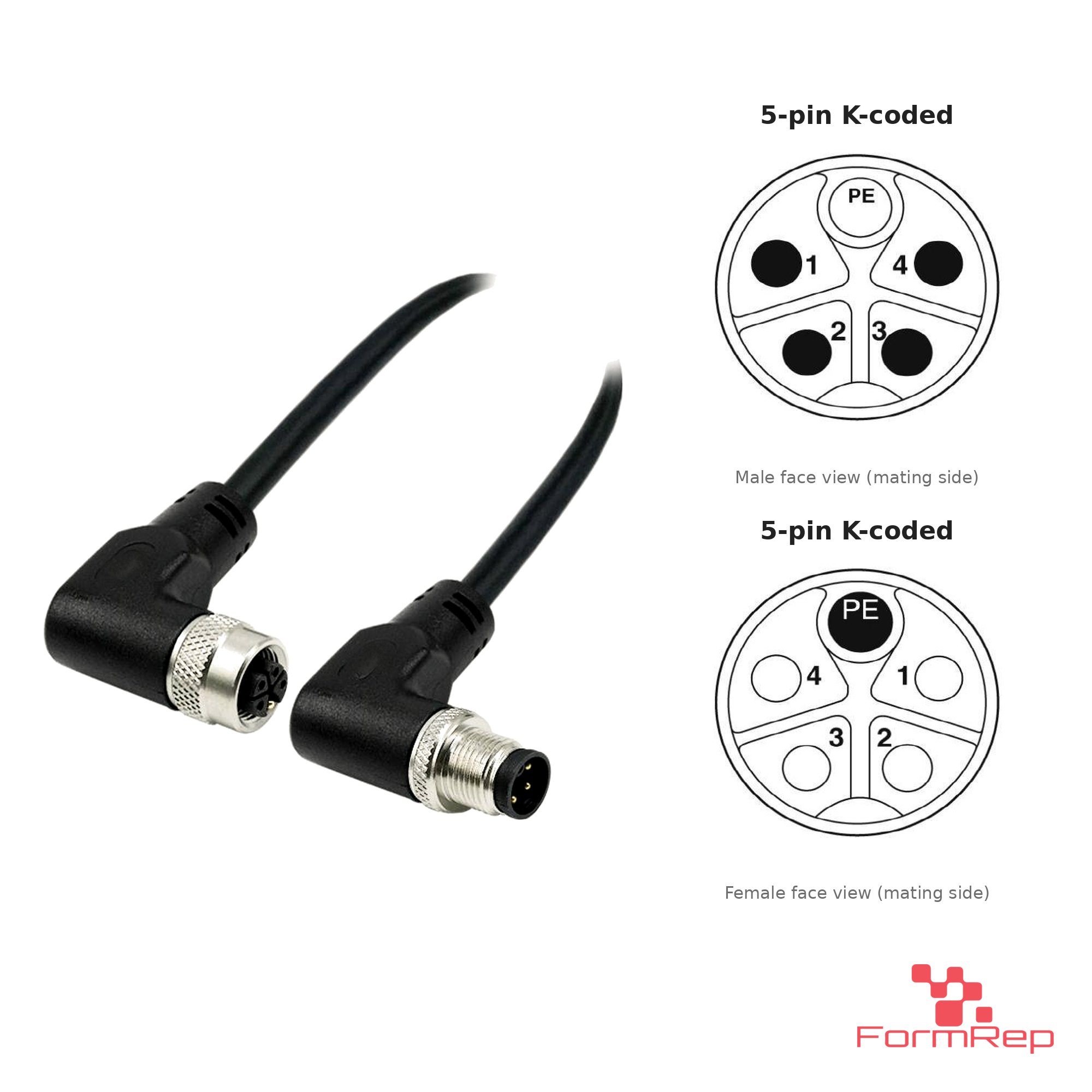 M12 K-Coded Male Right-Angle to Female Right-Angle Cable, with pin layout M12 K-Coded Male Right-Angle to Female Right-Angle Cable, with pin layout
