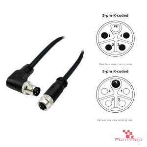 M12 K-Coded Male Right-Angle to Female Straight Cable, with pin layout
