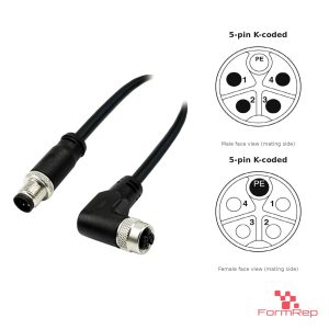 M12 K-Coded Male Straight to Female Right-Angle Cable, with pin layout