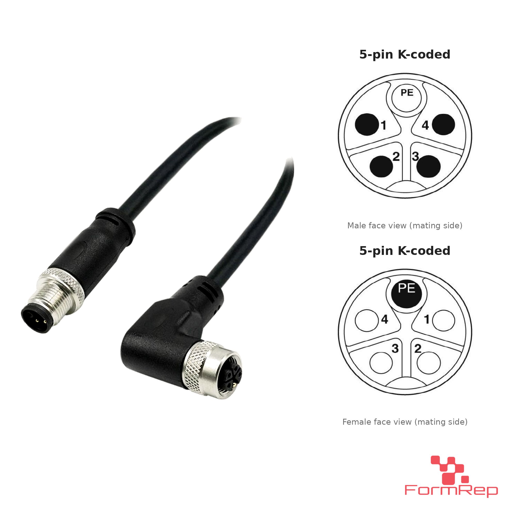 M12 K-Coded Male Straight to Female Right-Angle Cable, with pin layout M12 K-Coded Male Straight to Female Right-Angle Cable, with pin layout