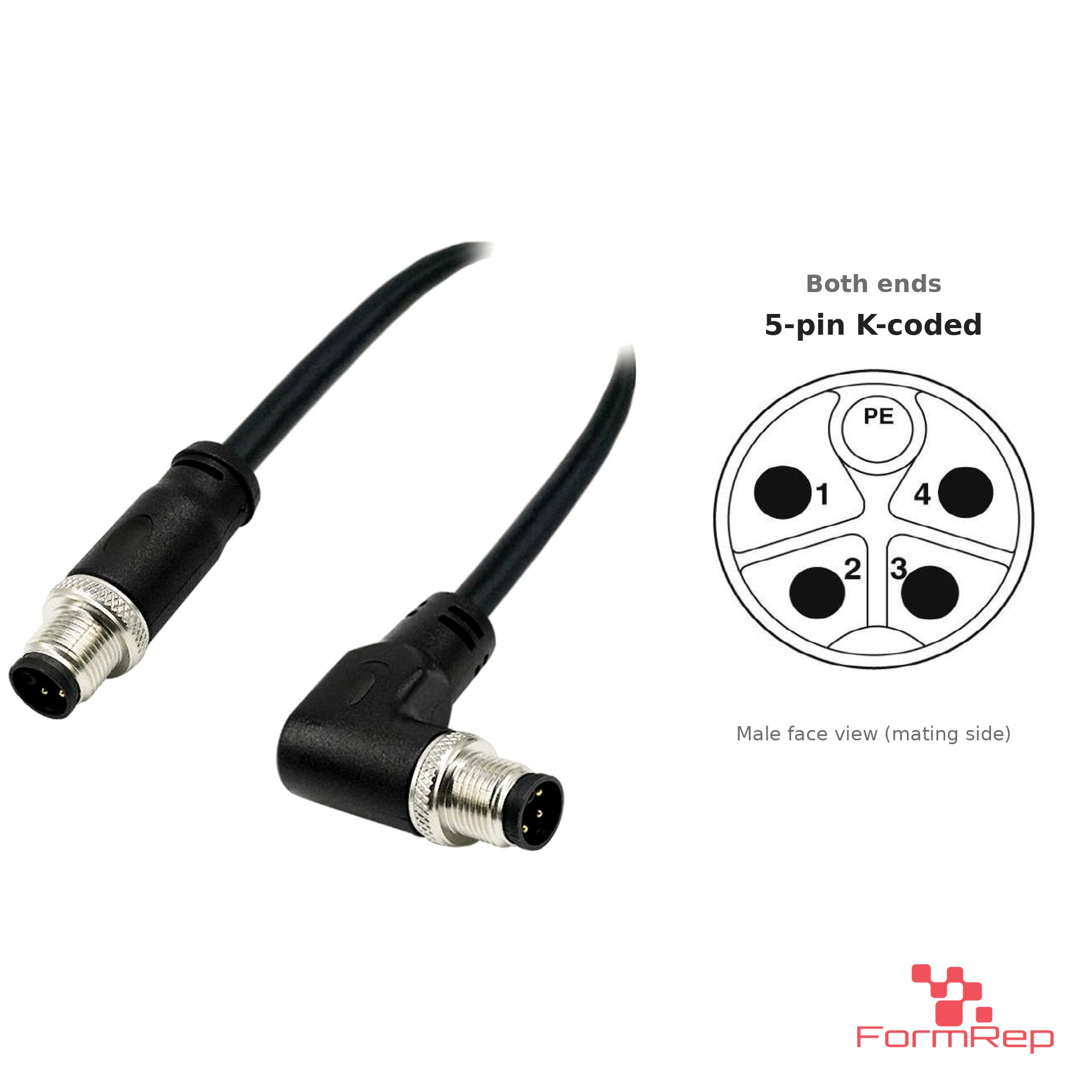 M12 K-Coded Male Straight to Male Right-Angle Cable, with pin layout M12 K-Coded Male Straight to Male Right-Angle Cable, with pin layout