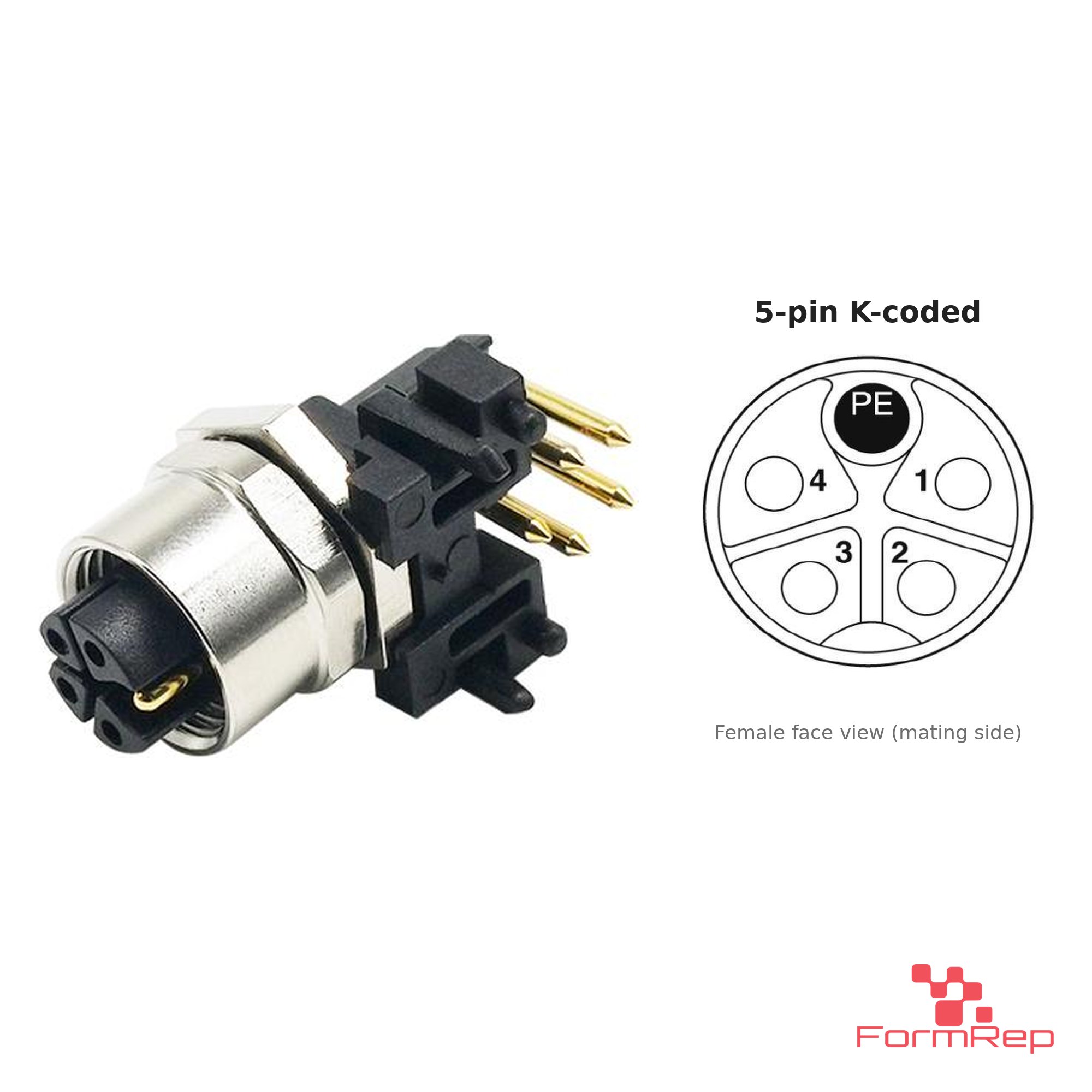 M12 K-Coded Panel-Mount Receptacle, PCB Pins, female right-angle, front mount M12 K-Coded Panel-Mount Receptacle, PCB Pins, female right-angle, front mount