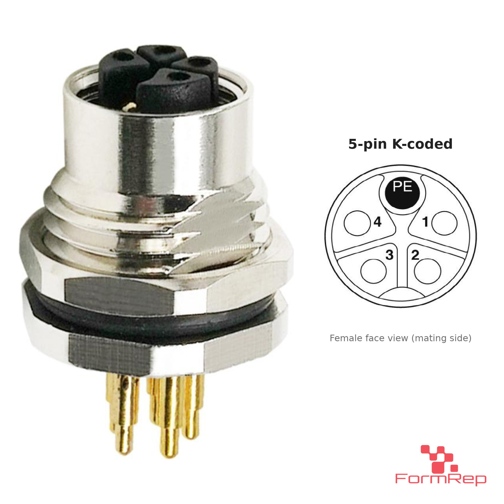 M12 K-Coded Panel-Mount Receptacle, PCB Pins, female straight, front mount M12 K-Coded Panel-Mount Receptacle, PCB Pins, female straight, front mount