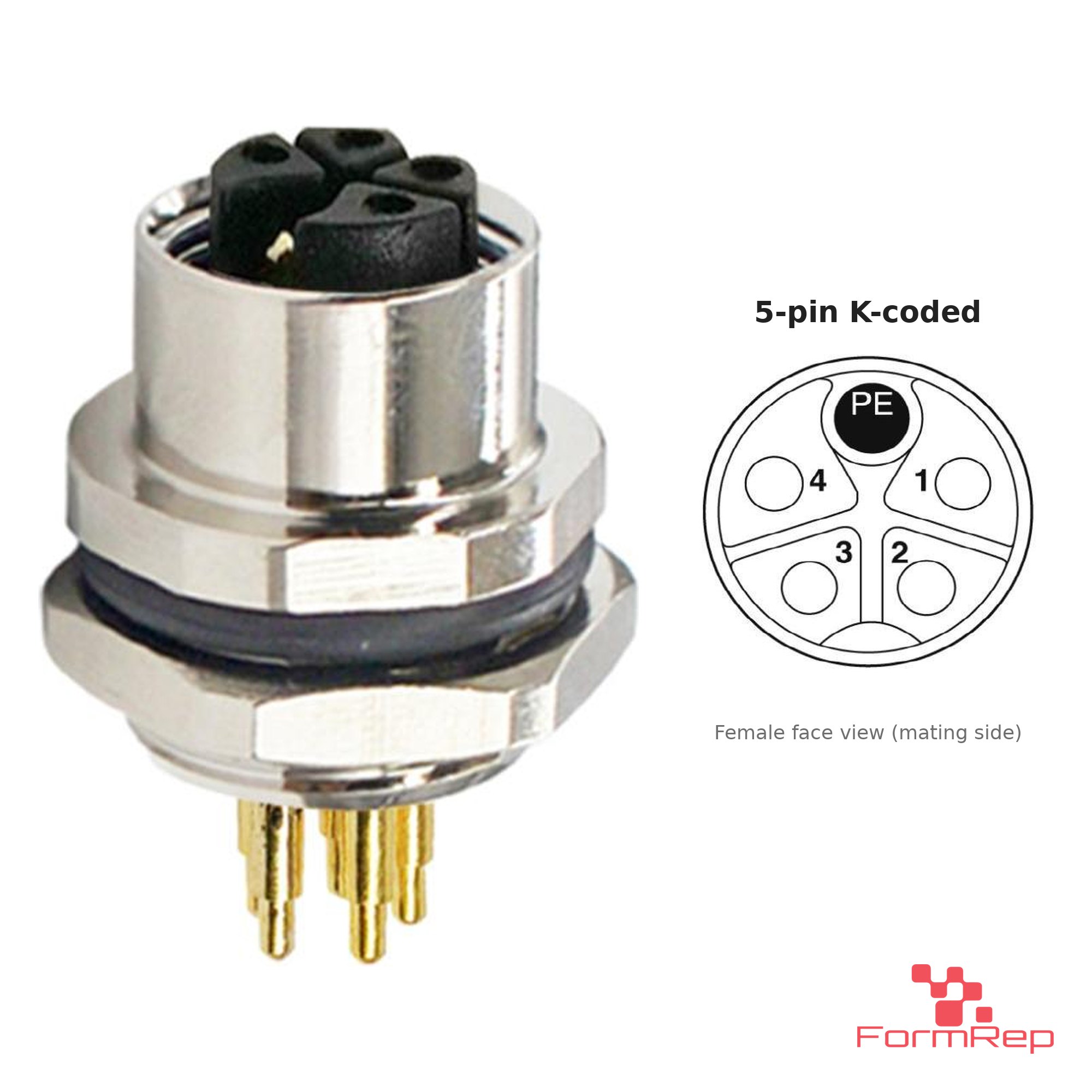 M12 K-Coded Panel-Mount Receptacle, PCB Pins, female straight, rear mount M12 K-Coded Panel-Mount Receptacle, PCB Pins, female straight, rear mount