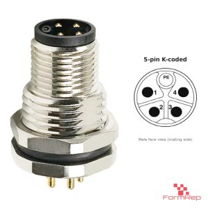 M12 K-Coded Panel-Mount Receptacle, PCB Pins, male straight, front mount