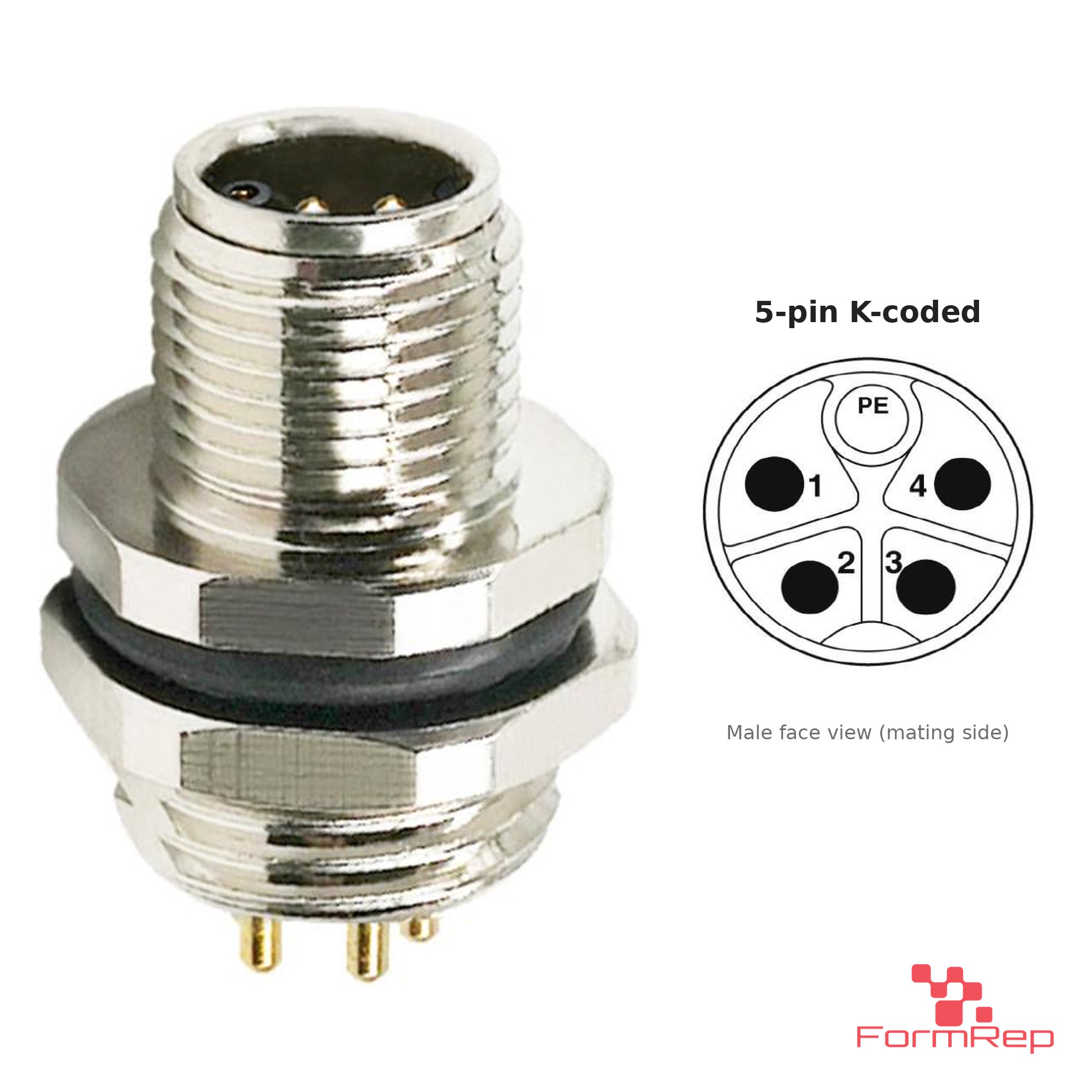 M12 K-Coded Panel-Mount Receptacle, PCB Pins, male straight, rear mount M12 K-Coded Panel-Mount Receptacle, PCB Pins, male straight, rear mount