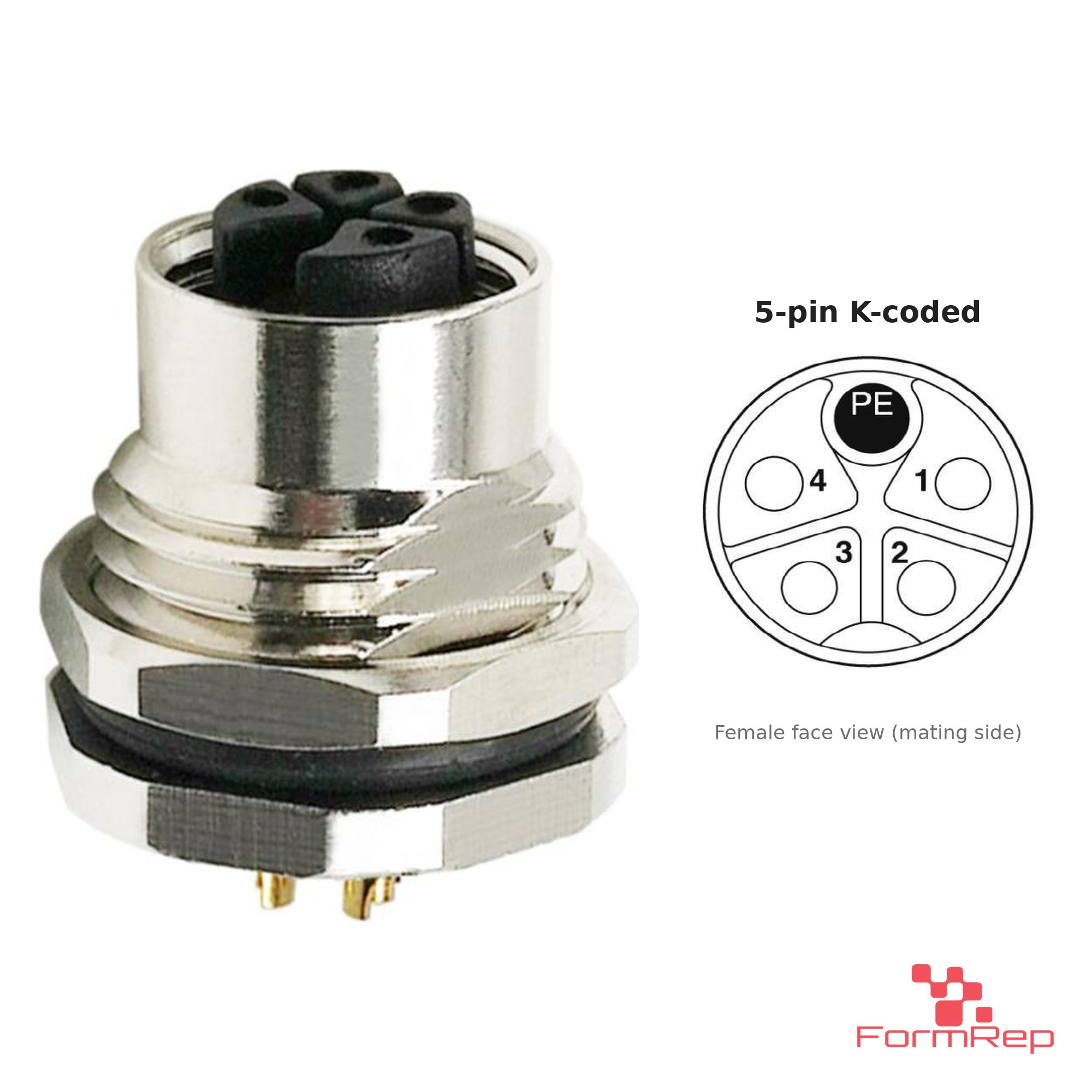 M12 K-Coded Panel-Mount Receptacle, Solder Cups, female straight, front mount M12 K-Coded Panel-Mount Receptacle, Solder Cups, female straight, front mount