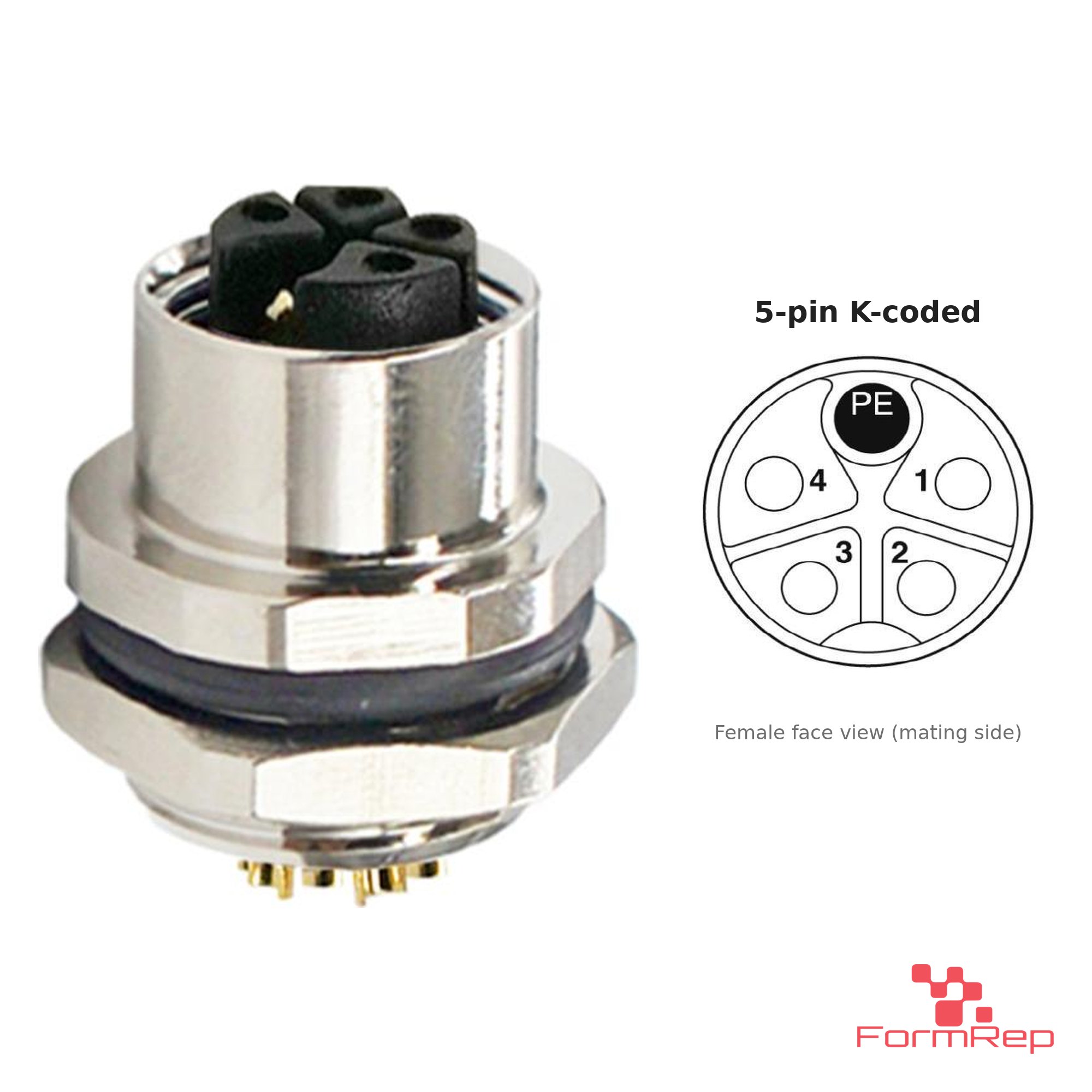 M12 K-Coded Panel-Mount Receptacle, Solder Cups, female straight, rear mount M12 K-Coded Panel-Mount Receptacle, Solder Cups, female straight, rear mount