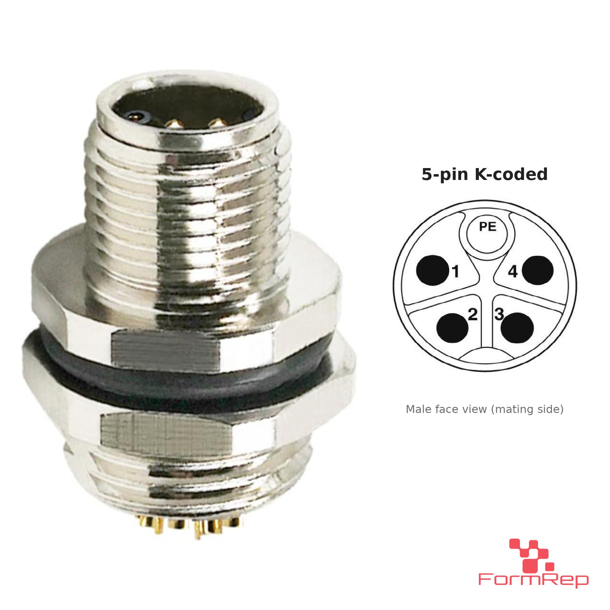 M12 K-Coded Panel-Mount Receptacle, Solder Cups, male straight, rear mount M12 K-Coded Panel-Mount Receptacle, Solder Cups, male straight, rear mount
