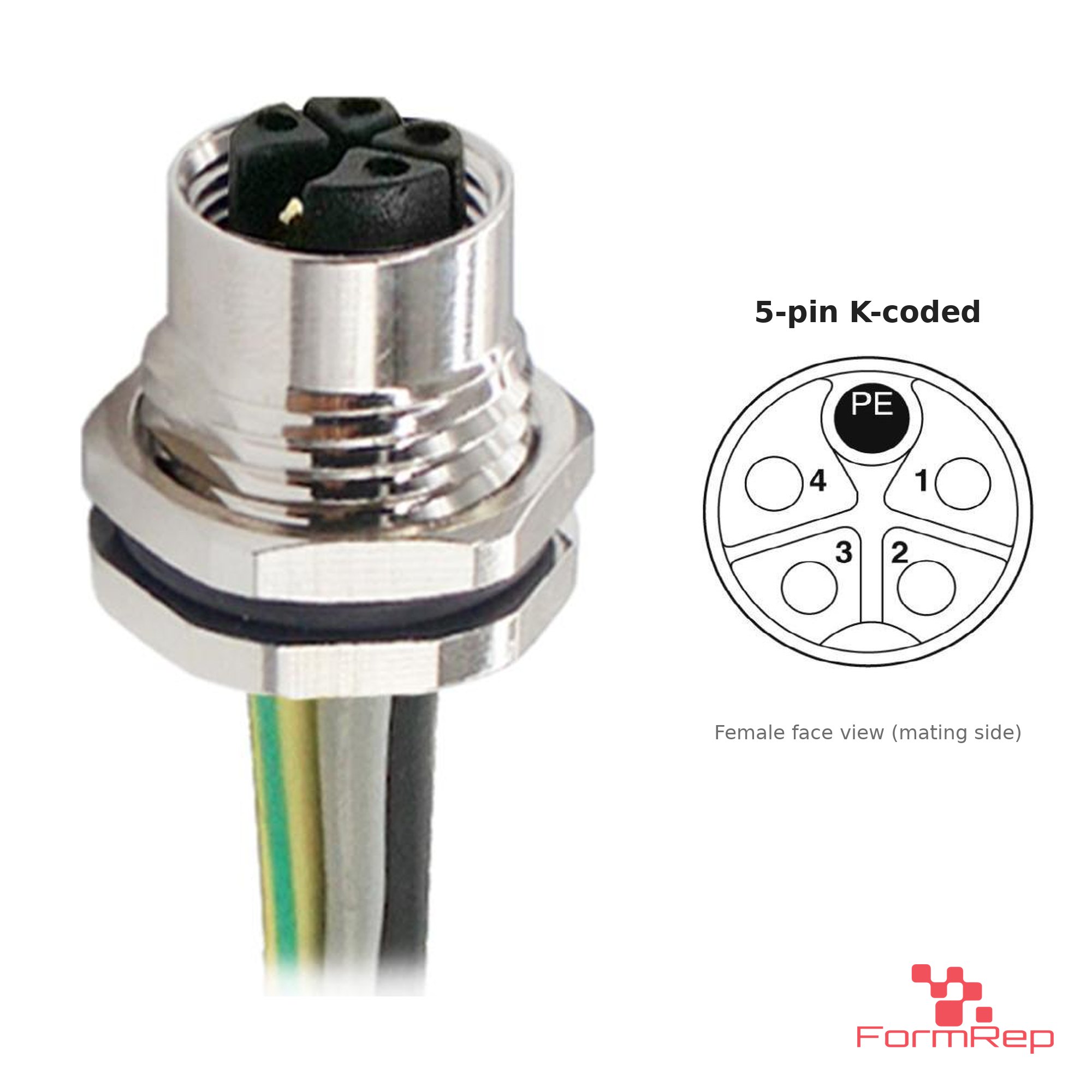 M12 K-Coded Panel-Mount Receptacle, Pre-Wired Leads, female straight, front mount M12 K-Coded Panel-Mount Receptacle, Pre-Wired Leads, female straight, front mount