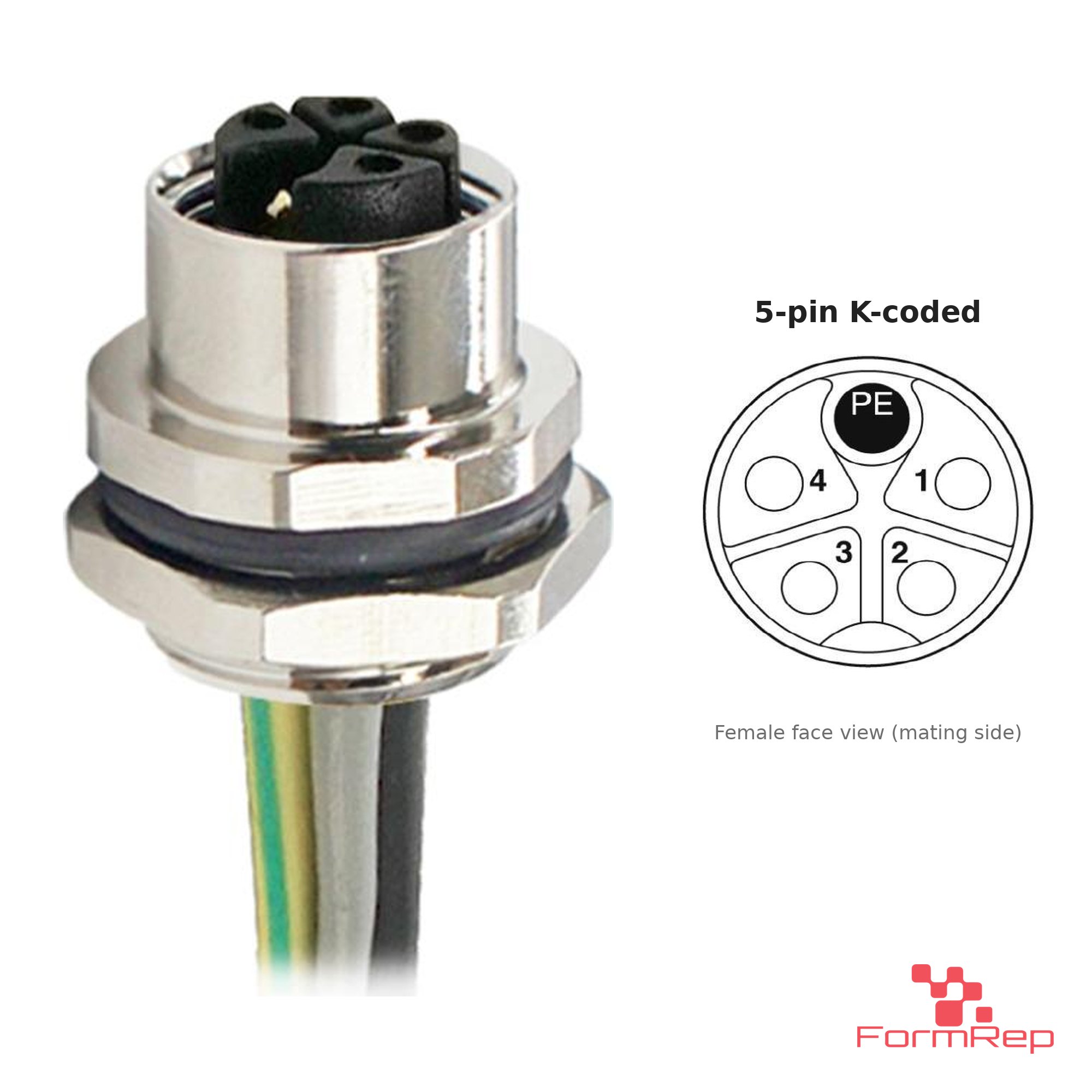 M12 K-Coded Panel-Mount Receptacle, Pre-Wired Leads, female straight, rear mount M12 K-Coded Panel-Mount Receptacle, Pre-Wired Leads, female straight, rear mount
