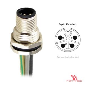 M12 K-Coded Panel-Mount Receptacle, Pre-Wired Leads, male straight, front mount