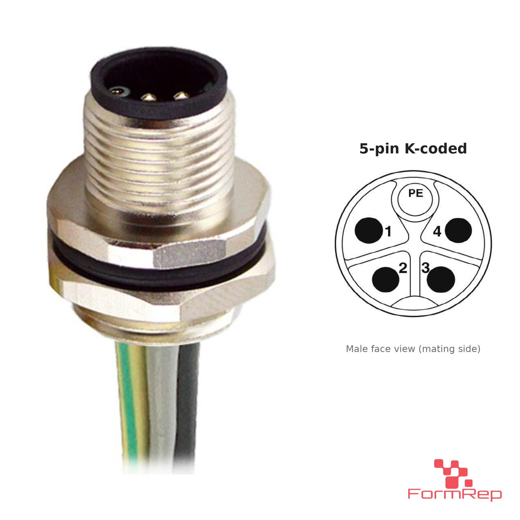 M12 K-Coded Panel-Mount Receptacle, Pre-Wired Leads, male straight, rear mount M12 K-Coded Panel-Mount Receptacle, Pre-Wired Leads, male straight, rear mount