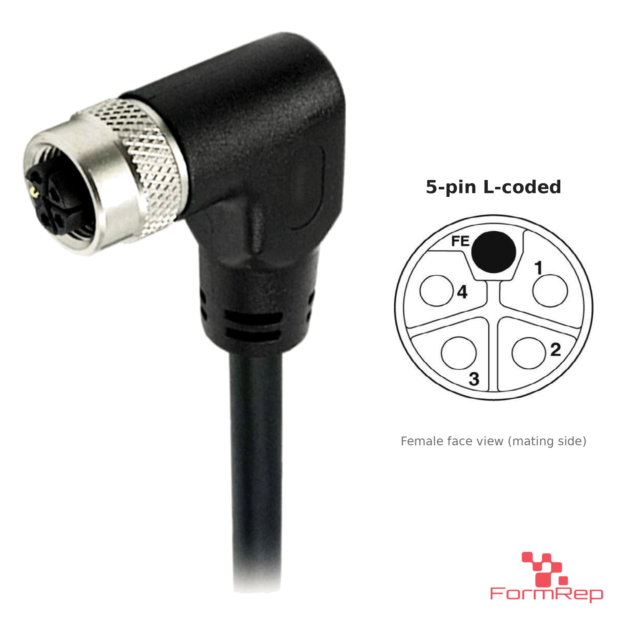 M12 L-Coded Female Right-Angle Molded Cable, Single-Ended, 5-pin, with pin layout M12 L-Coded Female Right-Angle Molded Cable, Single-Ended, 5-pin, with pin layout
