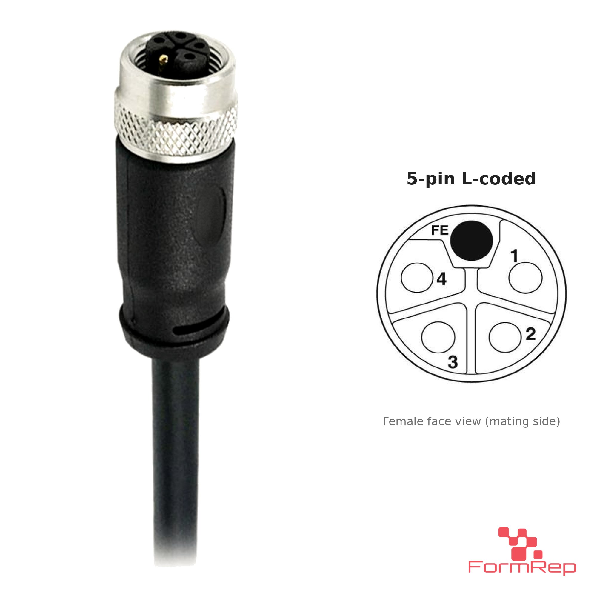 M12 L-Coded Female Straight Molded Cable, Single-Ended, 5-pin, with pin layout M12 L-Coded Female Straight Molded Cable, Single-Ended, 5-pin, with pin layout