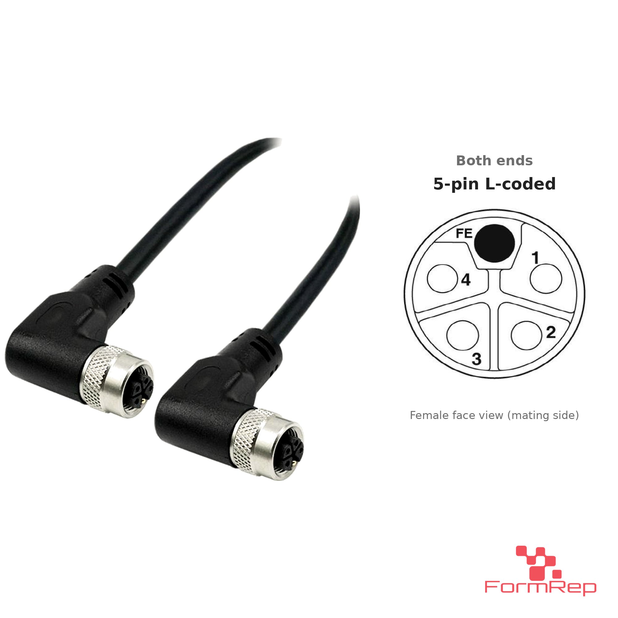 M12 L-Coded Female to Female Right-Angle Cable, 5-pin, with pin layout