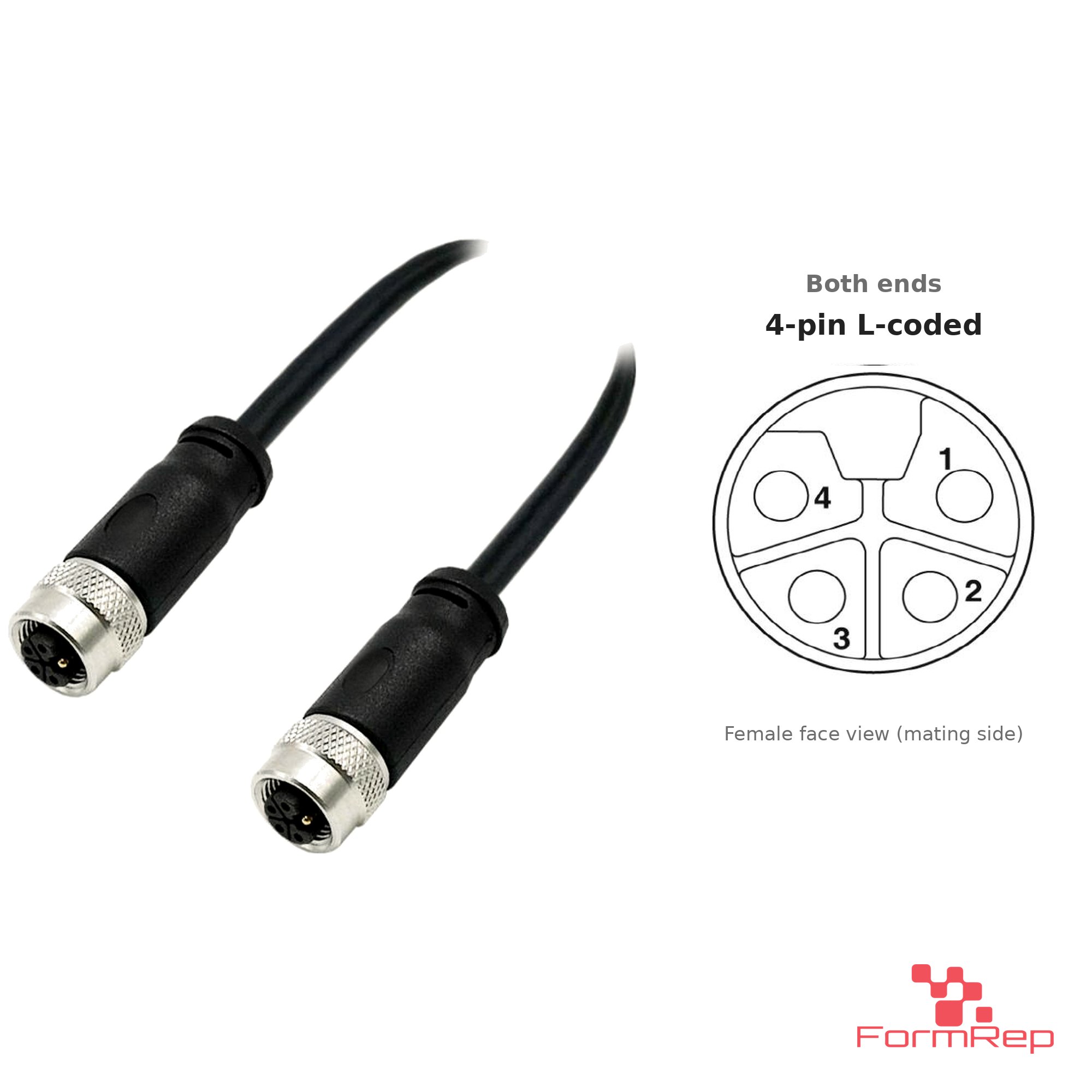 M12 L-Coded Female to Female Straight Cable, 4-pin, with pin layout M12 L-Coded Female to Female Straight Cable, 4-pin, with pin layout