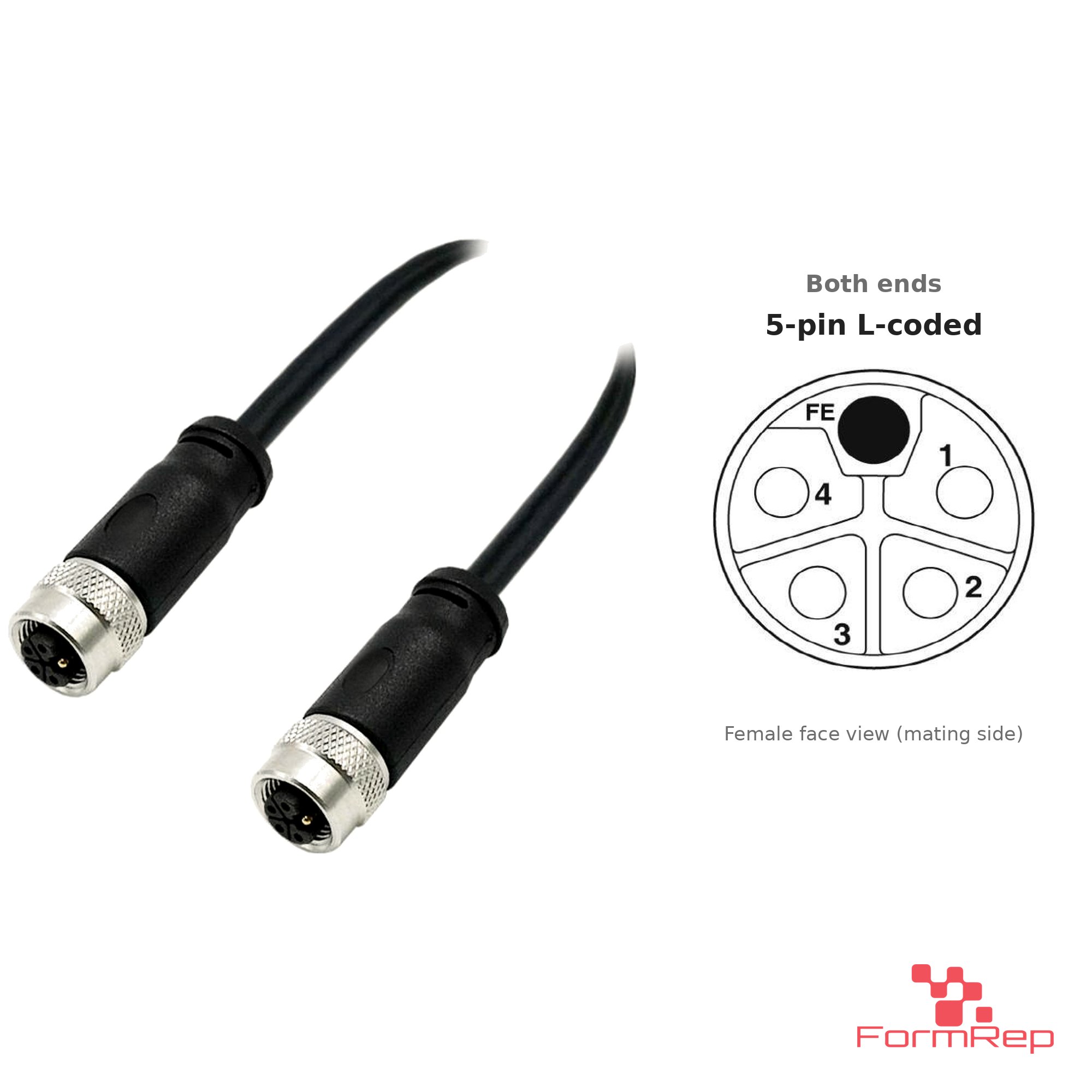 M12 L-Coded Female to Female Straight Cable, 5-pin, with pin layout M12 L-Coded Female to Female Straight Cable, 5-pin, with pin layout