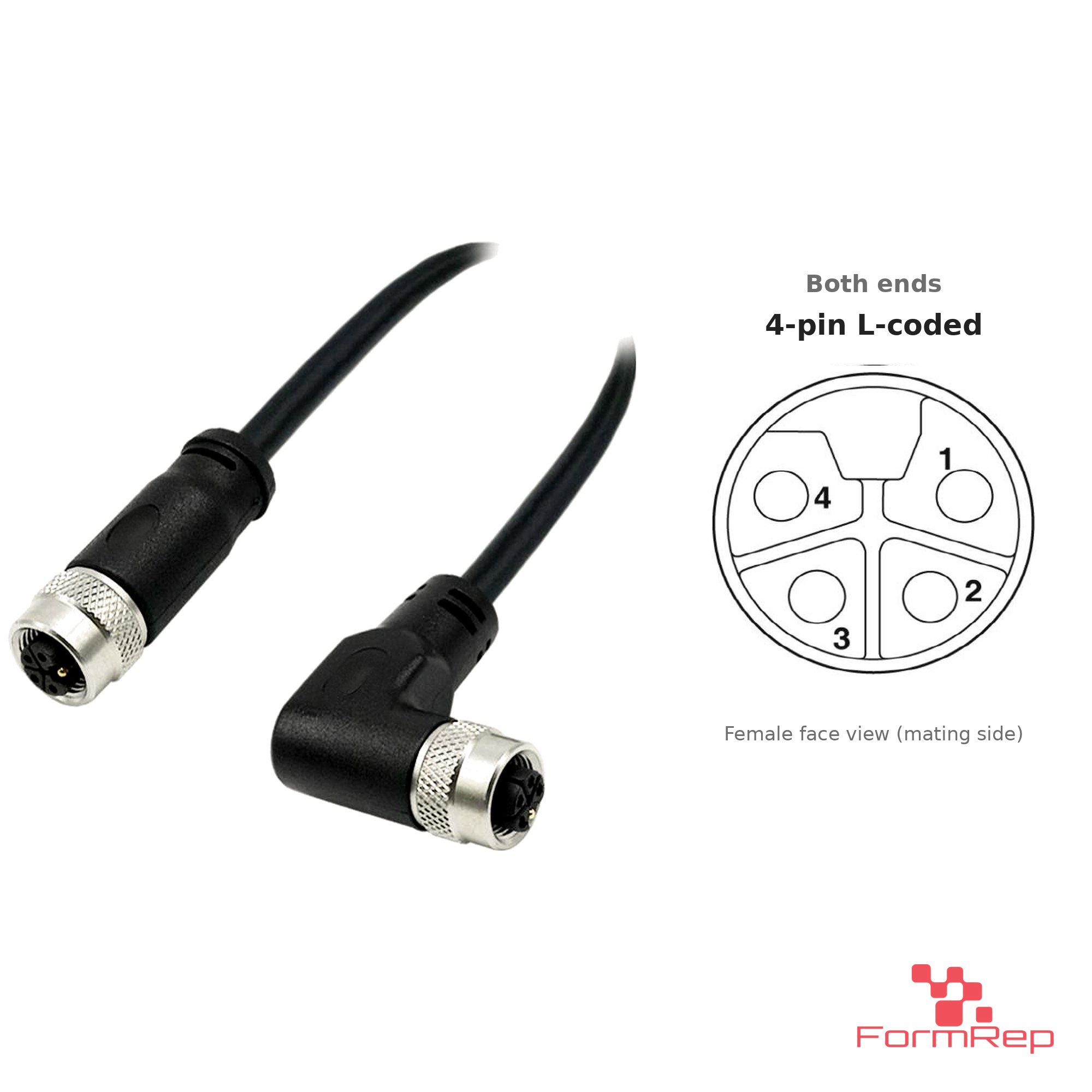 M12 L-Coded Female Straight to Female Right-Angle Cable, 4-pin, with pin layout M12 L-Coded Female Straight to Female Right-Angle Cable, 4-pin, with pin layout