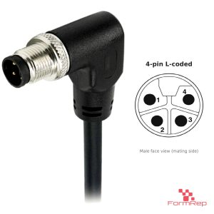 M12 L-Coded Male Right-Angle Molded Cable, Single-Ended, 4-pin, with pin layout