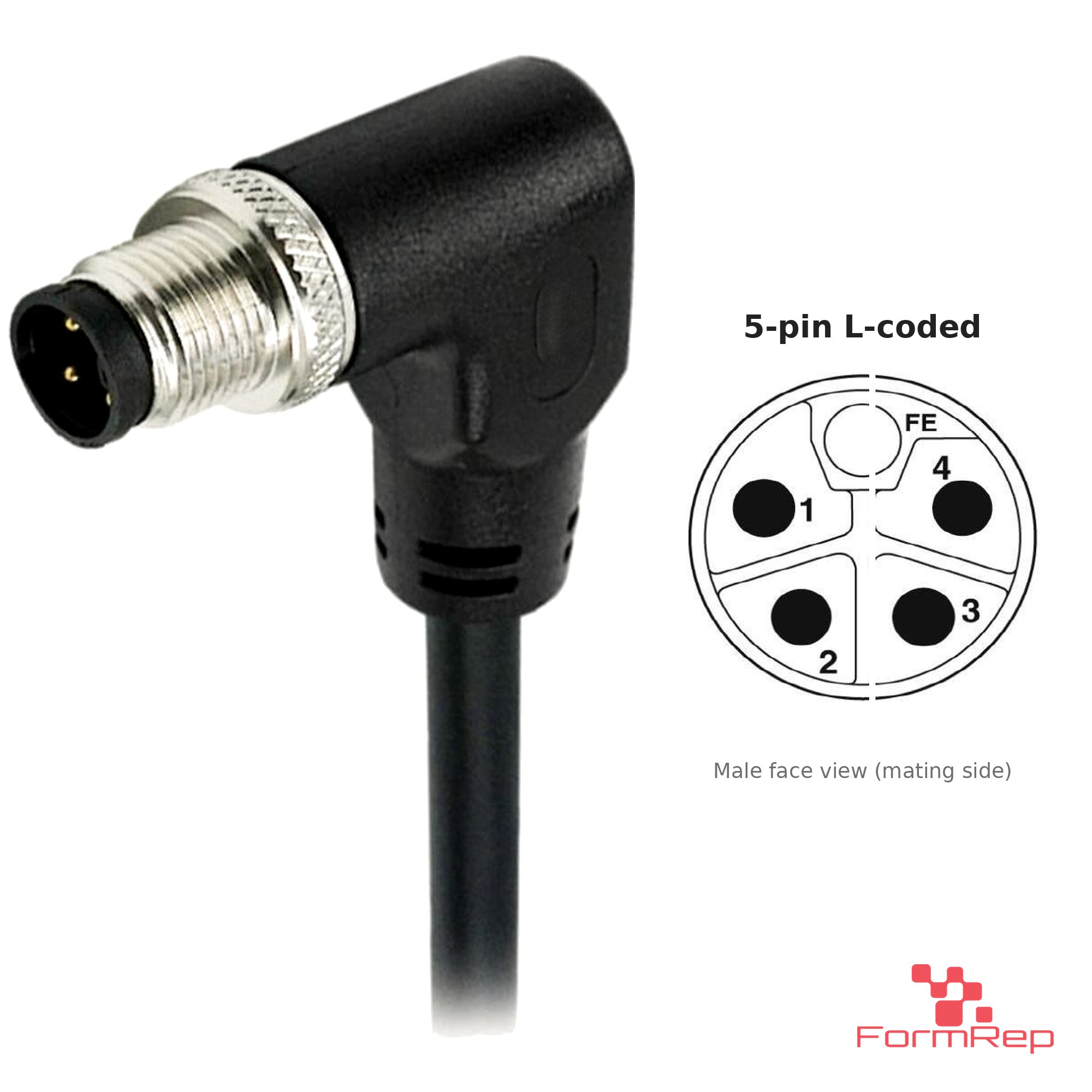 M12 L-Coded Male Right-Angle Molded Cable, Single-Ended, 5-pin, with pin layout M12 L-Coded Male Right-Angle Molded Cable, Single-Ended, 5-pin, with pin layout