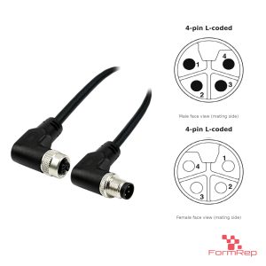 M12 L-Coded Male Right-Angle to Female Right-Angle Cable, 4-pin, with pin layout