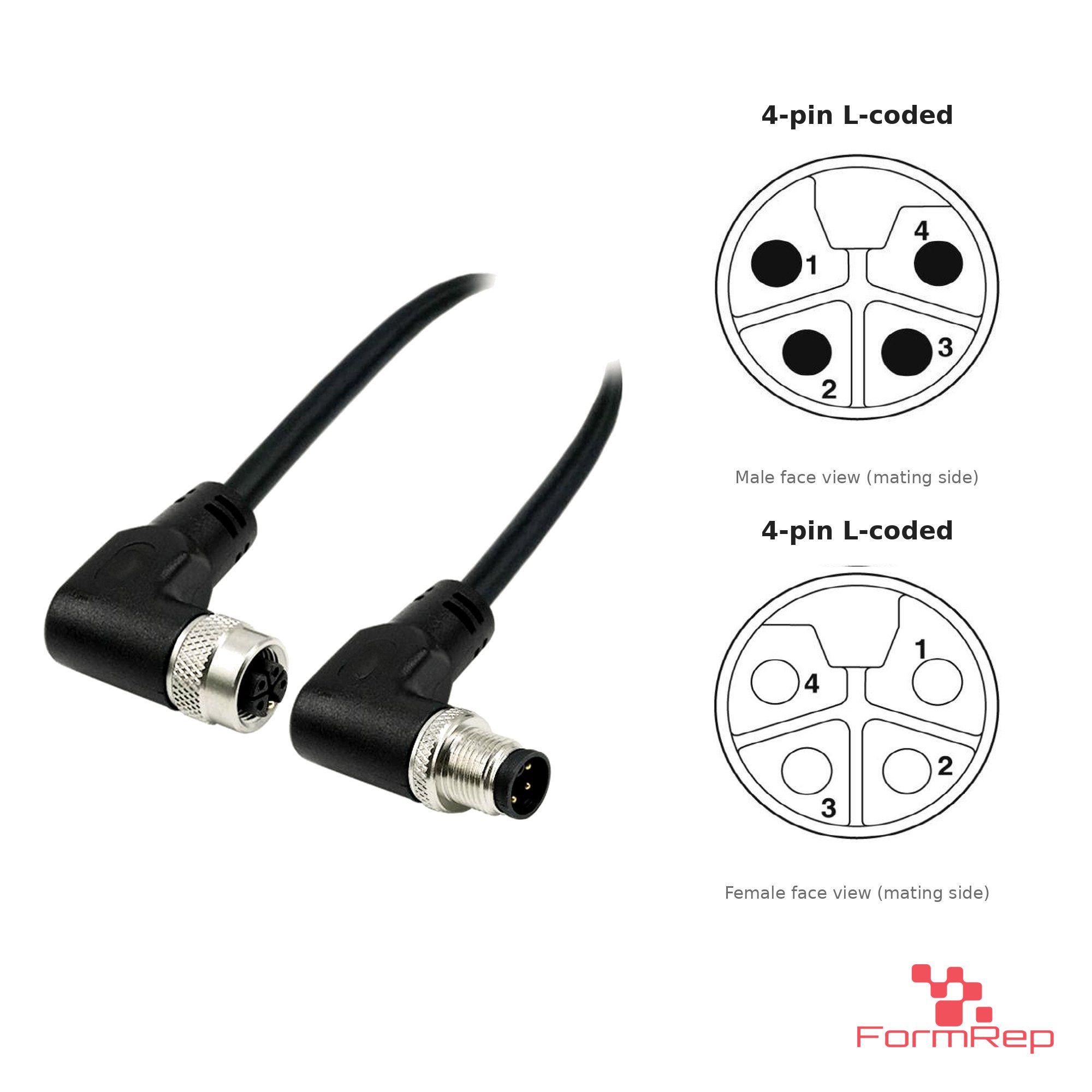 M12 L-Coded Male Right-Angle to Female Right-Angle Cable, 4-pin, with pin layout M12 L-Coded Male Right-Angle to Female Right-Angle Cable, 4-pin, with pin layout