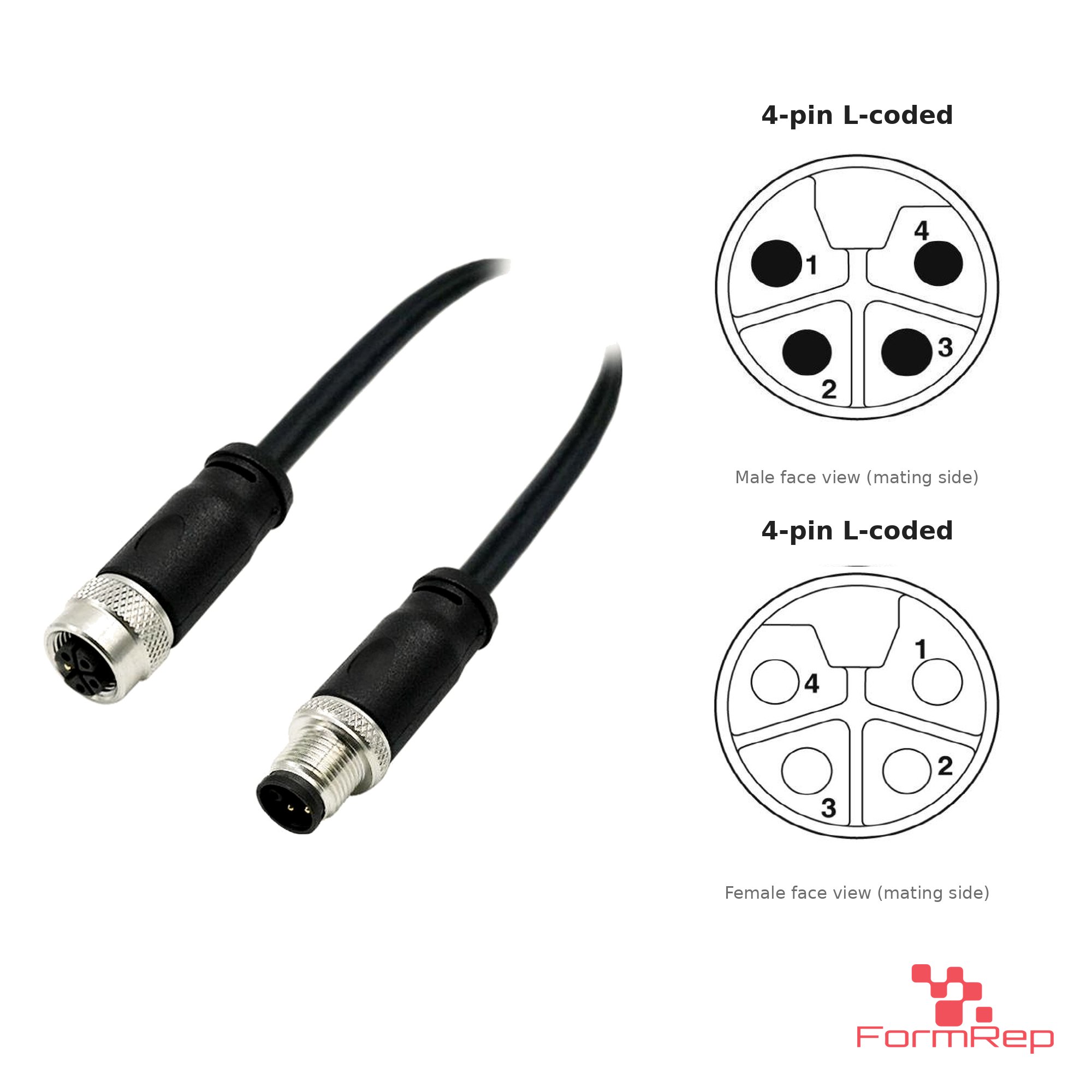 M12 L-Coded Male to Female Straight Extension Cable, 4-pin, with pin layout M12 L-Coded Male to Female Straight Extension Cable, 4-pin, with pin layout