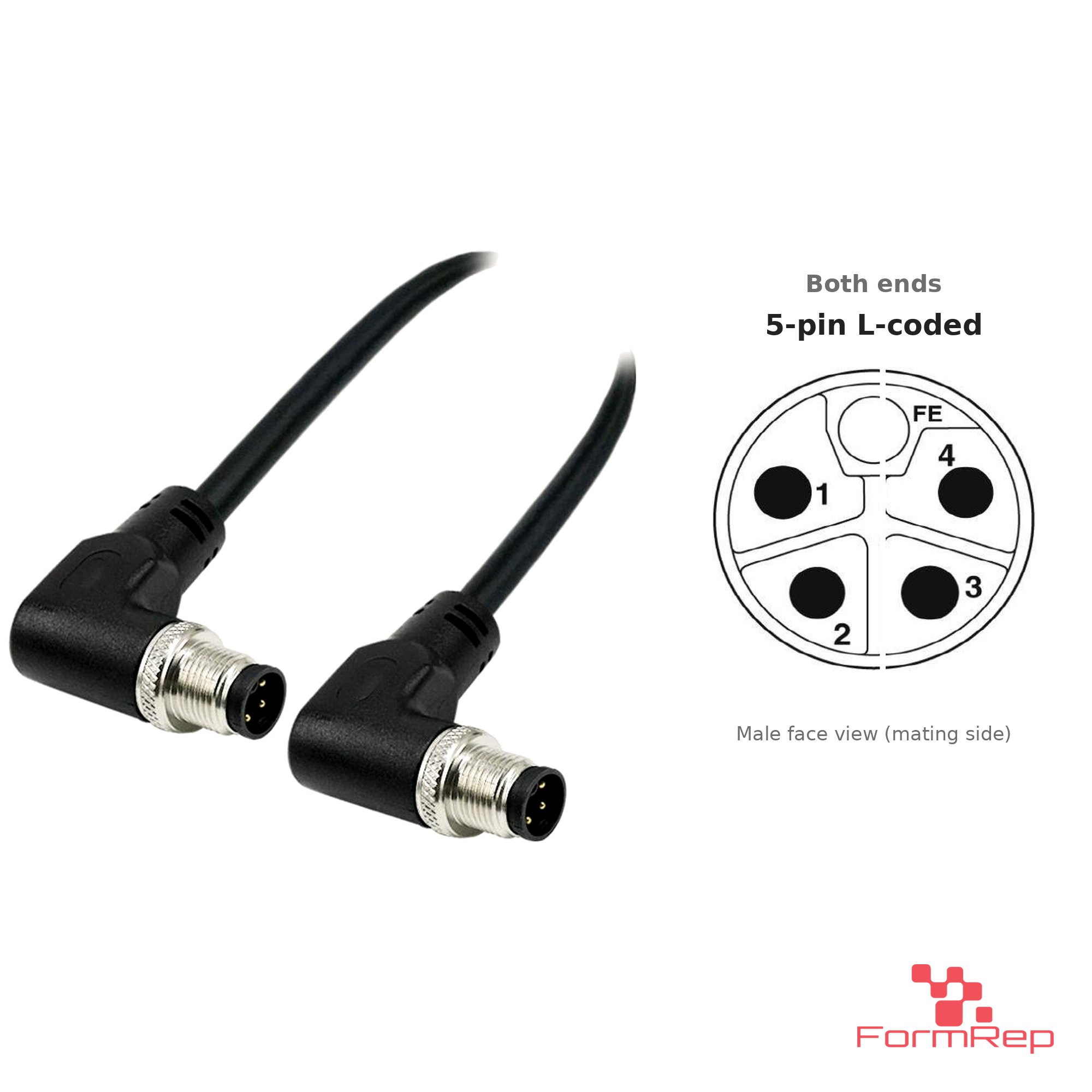 M12 L-Coded Male to Male Right-Angle Cable, 5-pin, with pin layout M12 L-Coded Male to Male Right-Angle Cable, 5-pin, with pin layout
