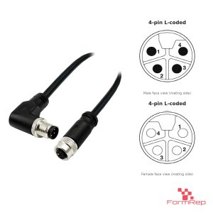 M12 L-Coded Male Right-Angle to Female Straight Cable, 4-pin, with pin layout