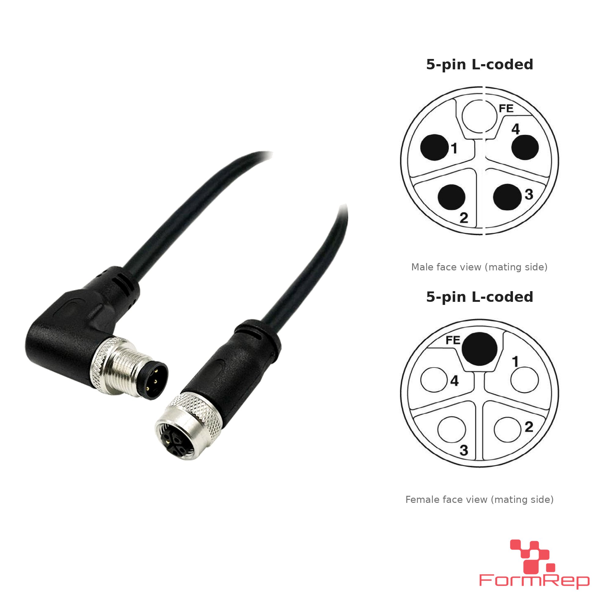 M12 L-Coded Male Right-Angle to Female Straight Cable, 5-pin, with pin layout M12 L-Coded Male Right-Angle to Female Straight Cable, 5-pin, with pin layout
