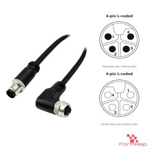 M12 L-Coded Male Straight to Female Right-Angle Cable, 4-pin, with pin layout