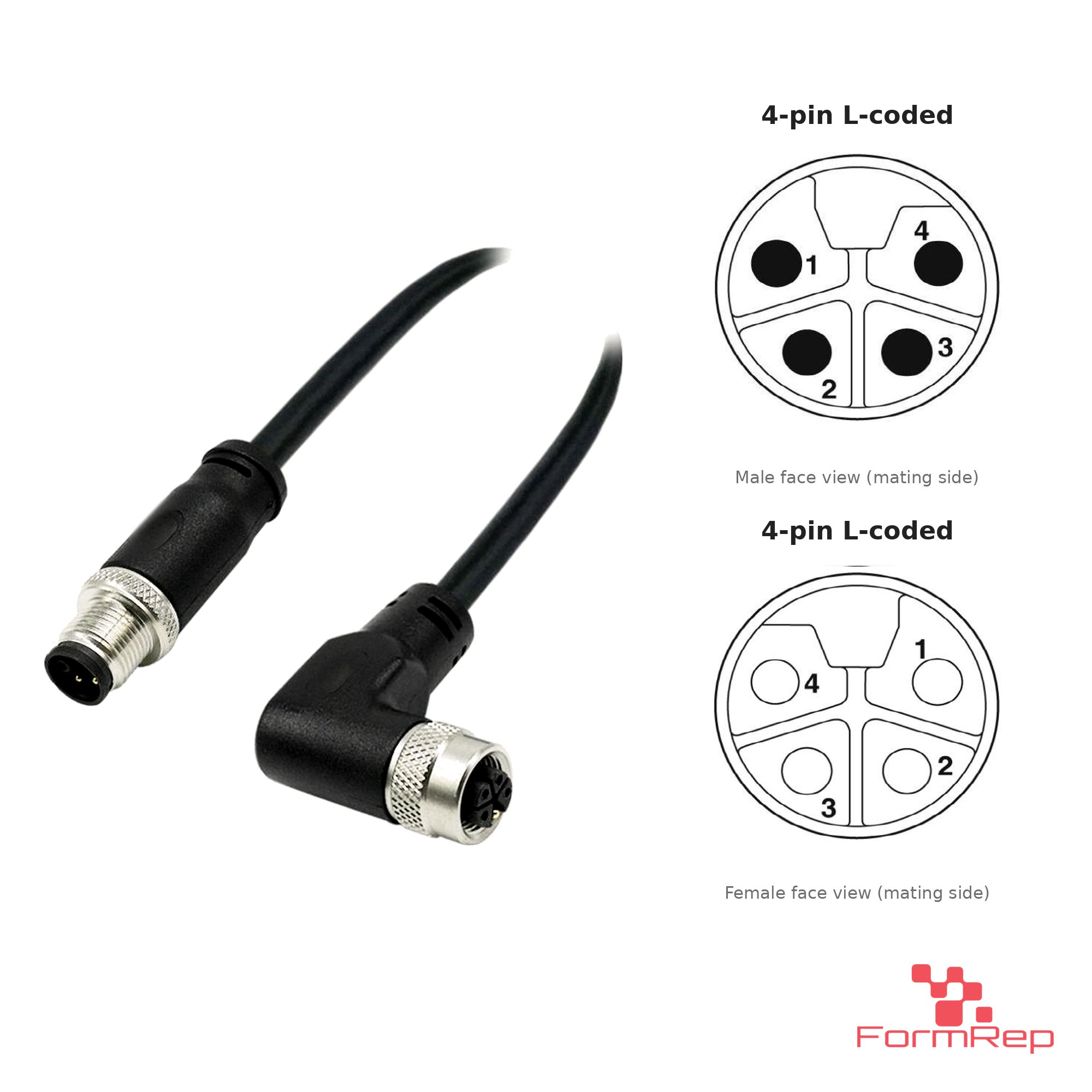 M12 L-Coded Male Straight to Female Right-Angle Cable, 4-pin, with pin layout M12 L-Coded Male Straight to Female Right-Angle Cable, 4-pin, with pin layout
