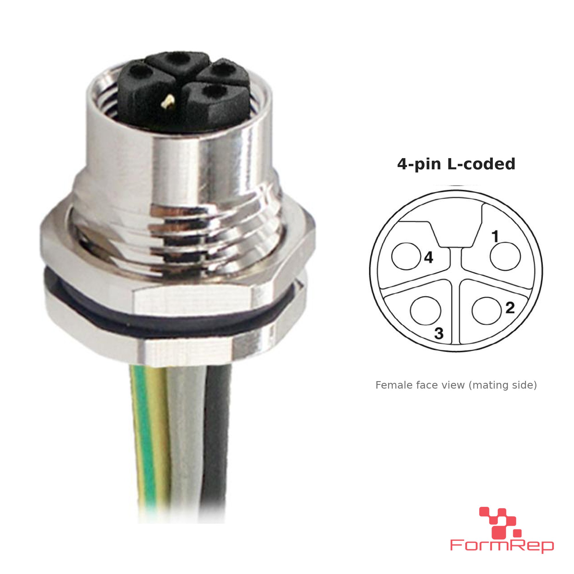 M12 L-Coded Panel-Mount Receptacle, Pre-Wired Leads, female straight, front mount, 4P.jp-pin M12 L-Coded Panel-Mount Receptacle, Pre-Wired Leads, female straight, front mount, 4P.jp-pin