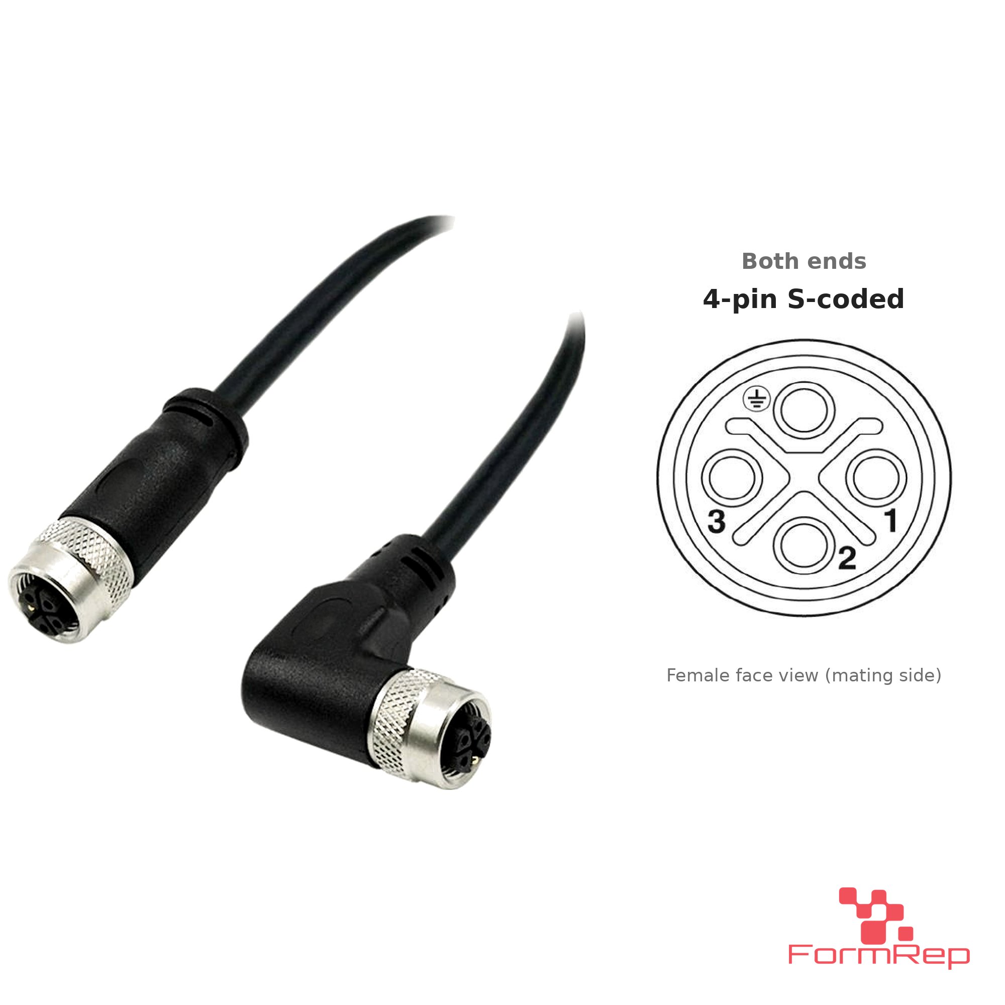 M12 S-Coded Female Straight to Female Right-Angle Cable, with pin layout M12 S-Coded Female Straight to Female Right-Angle Cable, with pin layout
