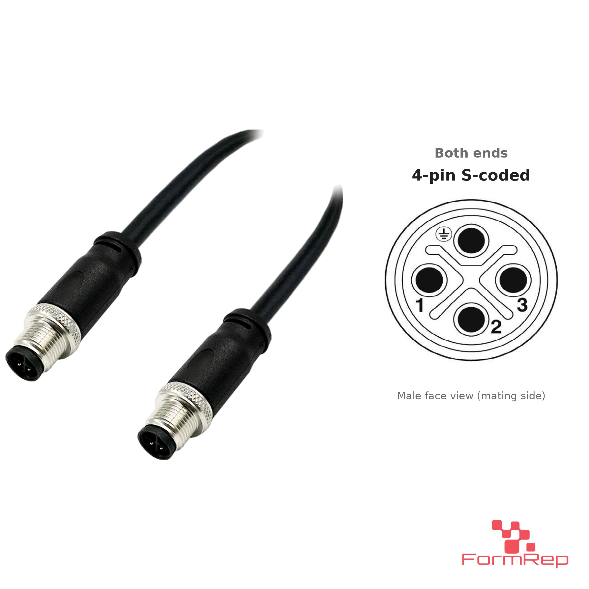 M12 S-Coded Male to Male Straight Cable, with pin layout M12 S-Coded Male to Male Straight Cable, with pin layout