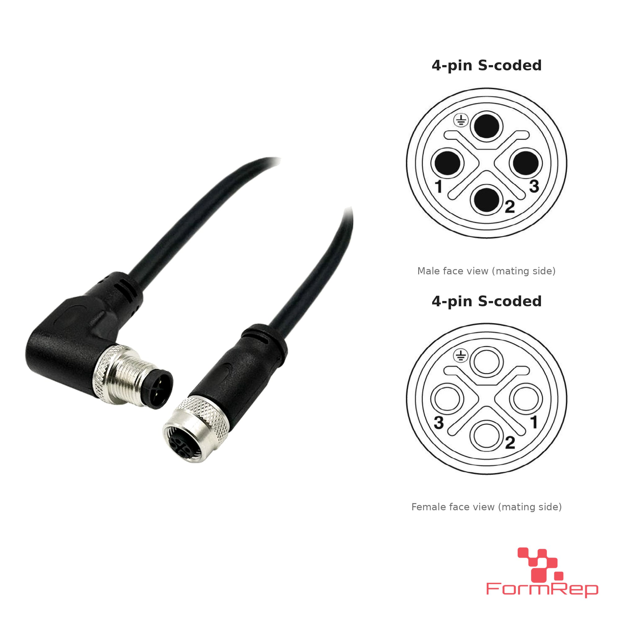 M12 S-Coded Male Right-Angle to Female Straight Cable, with pin layout M12 S-Coded Male Right-Angle to Female Straight Cable, with pin layout
