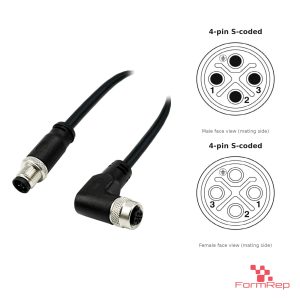 M12 S-Coded Male Straight to Female Right-Angle Cable, with pin layout
