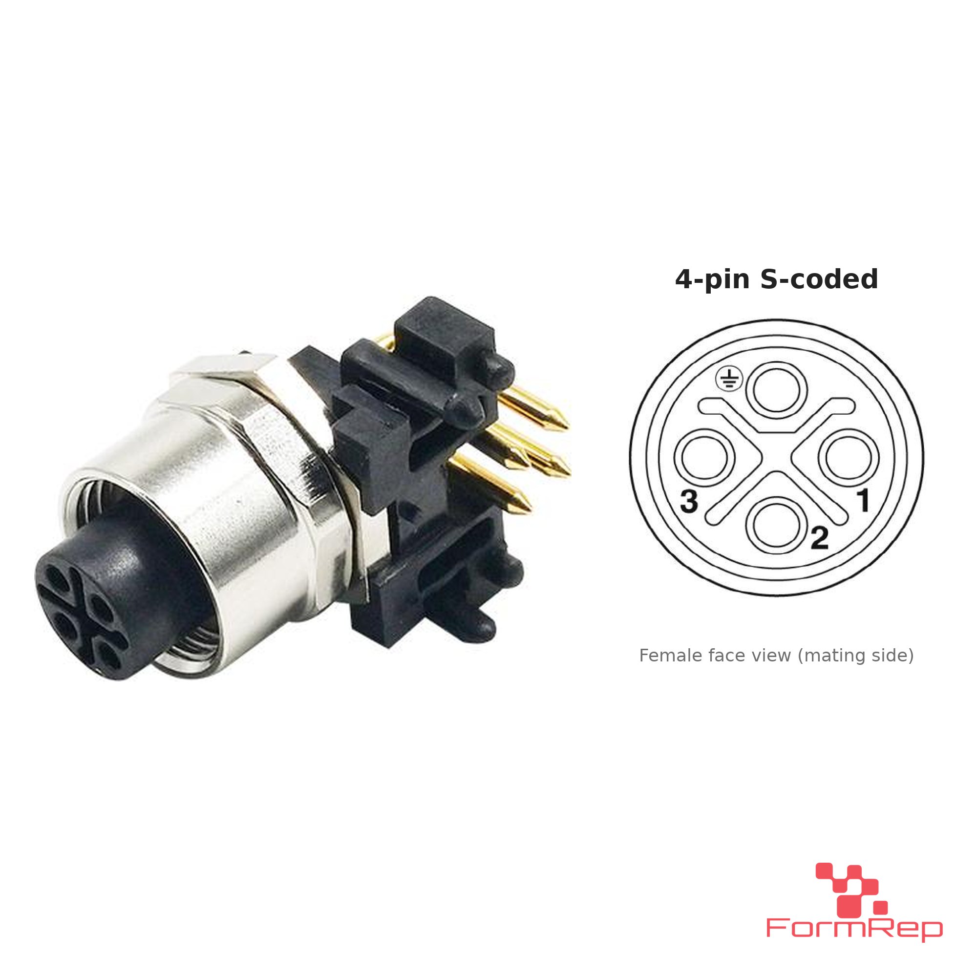 M12 S-Coded Panel-Mount Receptacle, PCB Pins, female right-angle, front mount M12 S-Coded Panel-Mount Receptacle, PCB Pins, female right-angle, front mount