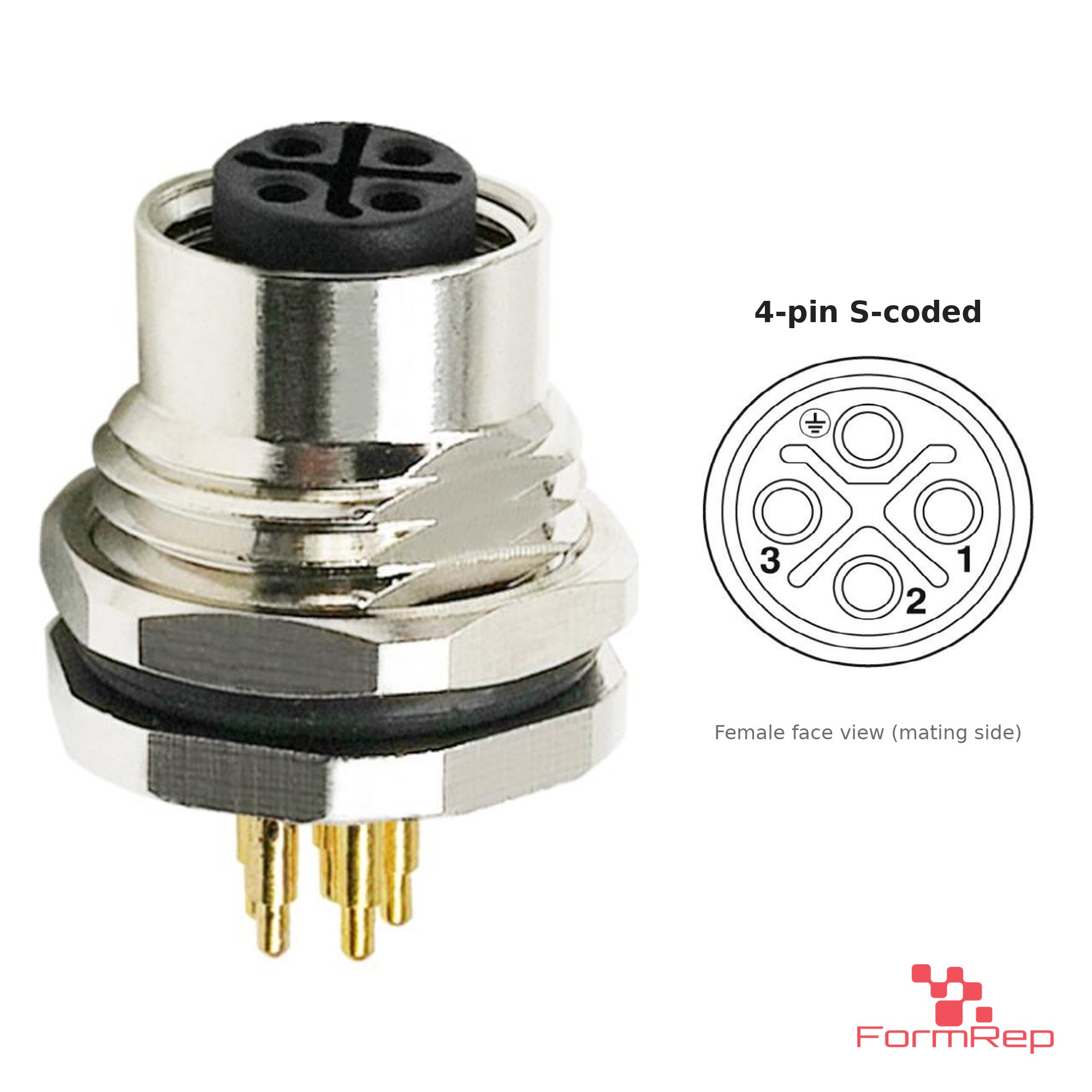 M12 S-Coded Panel-Mount Receptacle, PCB Pins, female straight, front mount M12 S-Coded Panel-Mount Receptacle, PCB Pins, female straight, front mount