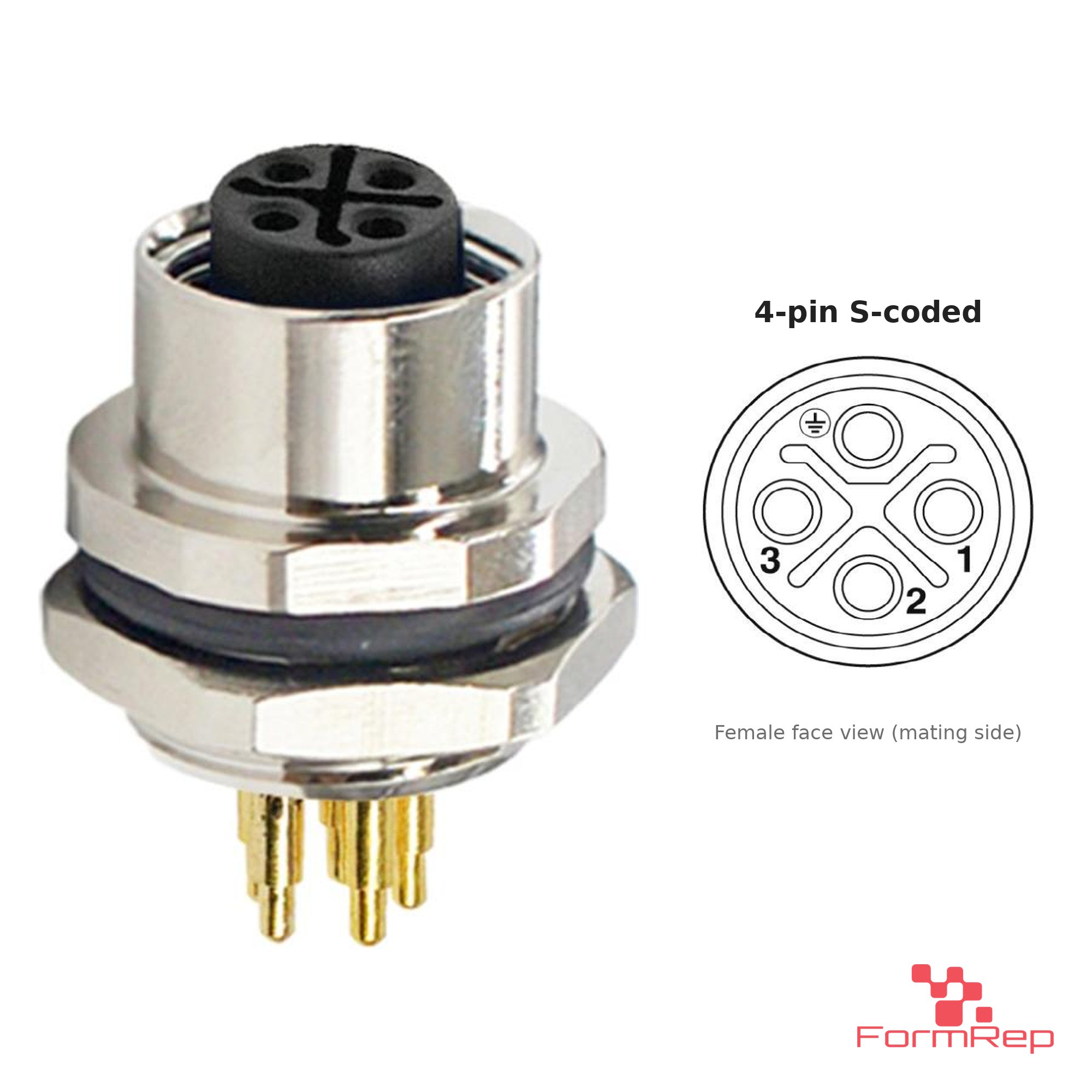 M12 S-Coded Panel-Mount Receptacle, PCB Pins, female straight, rear mount M12 S-Coded Panel-Mount Receptacle, PCB Pins, female straight, rear mount