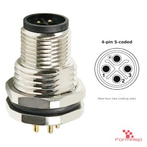 M12 S-Coded Panel-Mount Receptacle, PCB Pins, male straight, front mount