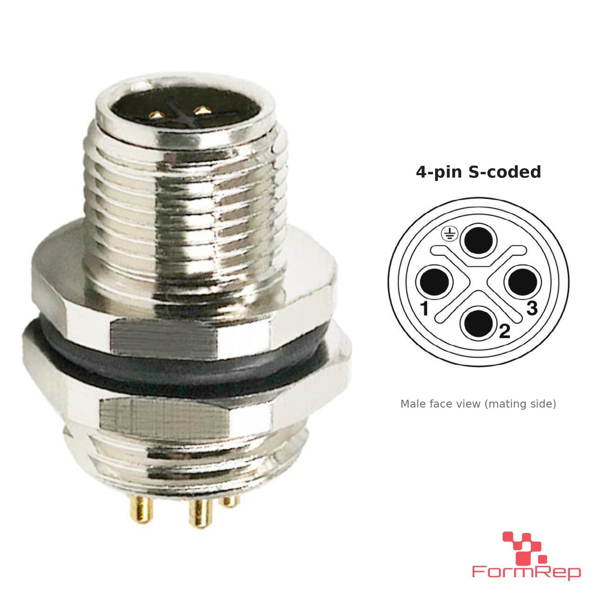 M12 S-Coded Panel-Mount Receptacle, PCB Pins, male straight, rear mount M12 S-Coded Panel-Mount Receptacle, PCB Pins, male straight, rear mount